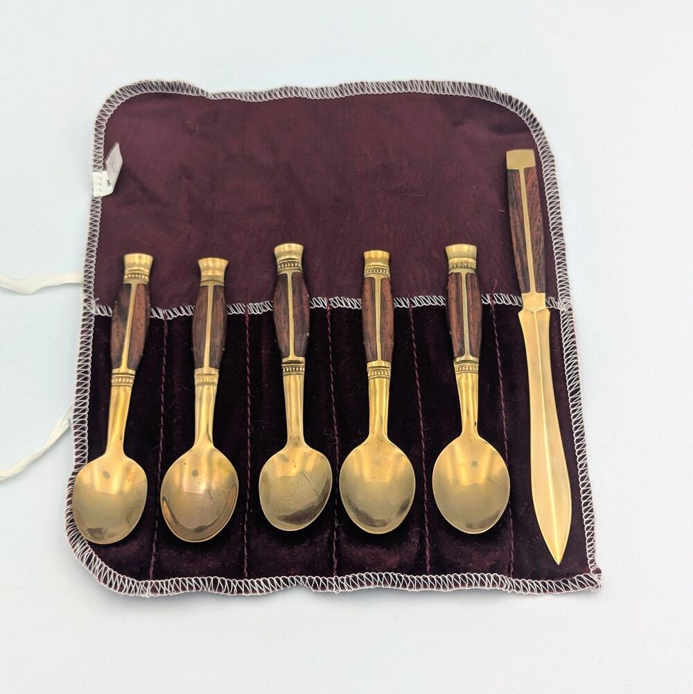 Vintage Thailand Brass & Rosewood Spoon Set – Flatware w Velvet Case